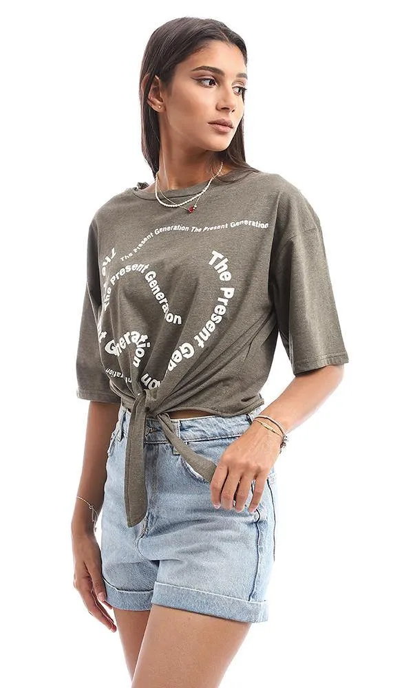 95055 " The Present Generation" Printed Front Tye Olive Top