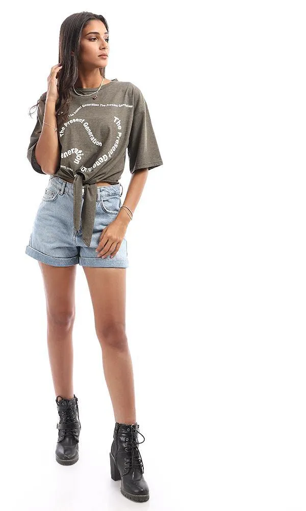95055 " The Present Generation" Printed Front Tye Olive Top