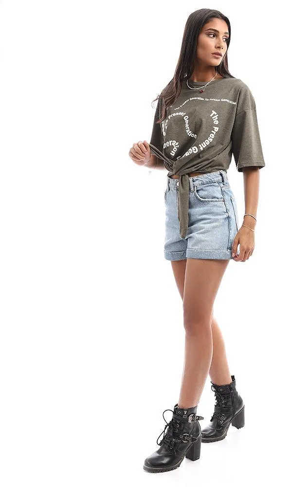 95055 " The Present Generation" Printed Front Tye Olive Top