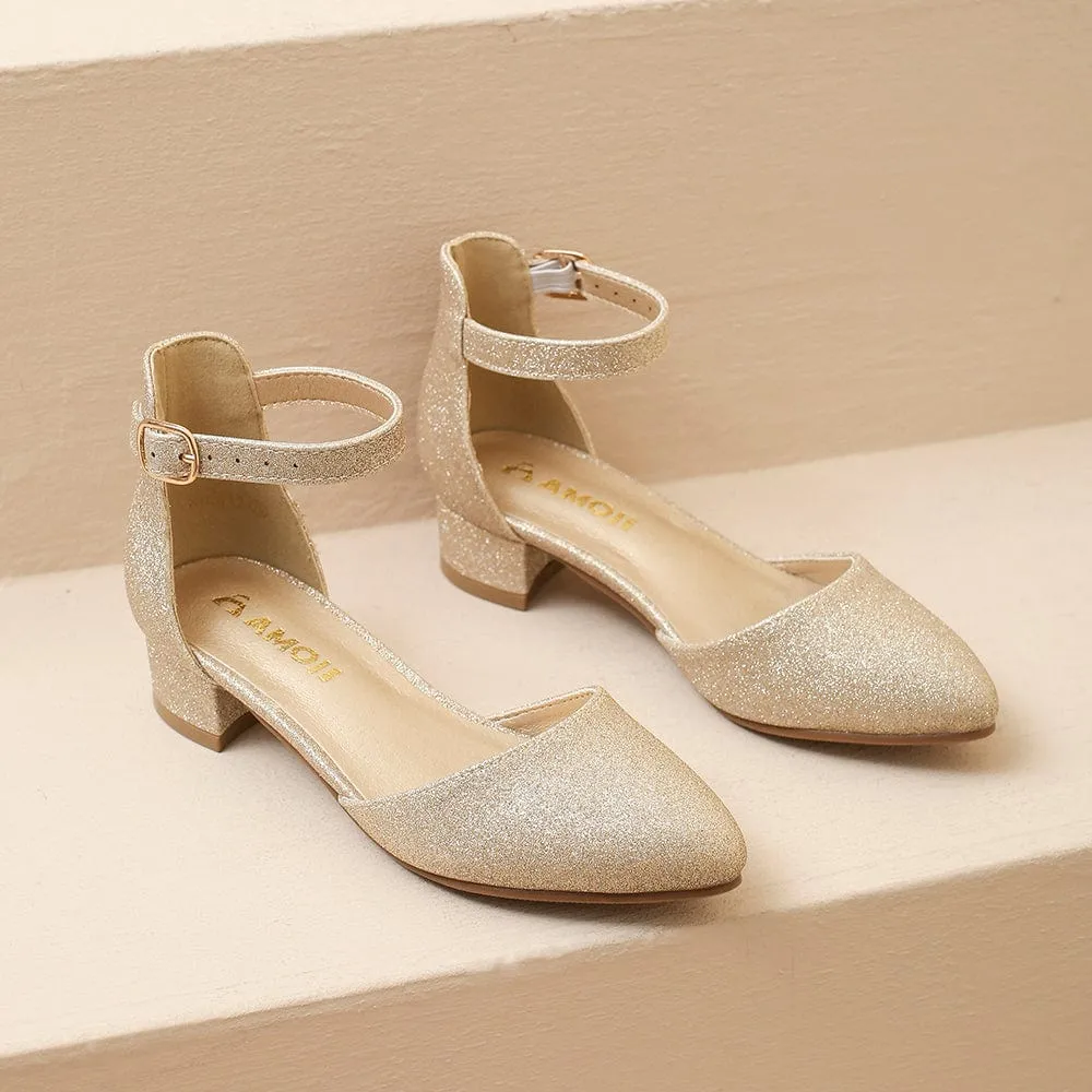 Amoji Girls Dress Shoes Closed Toe High Heels Ankle Strap Wedding Party Pump Shoes KID412