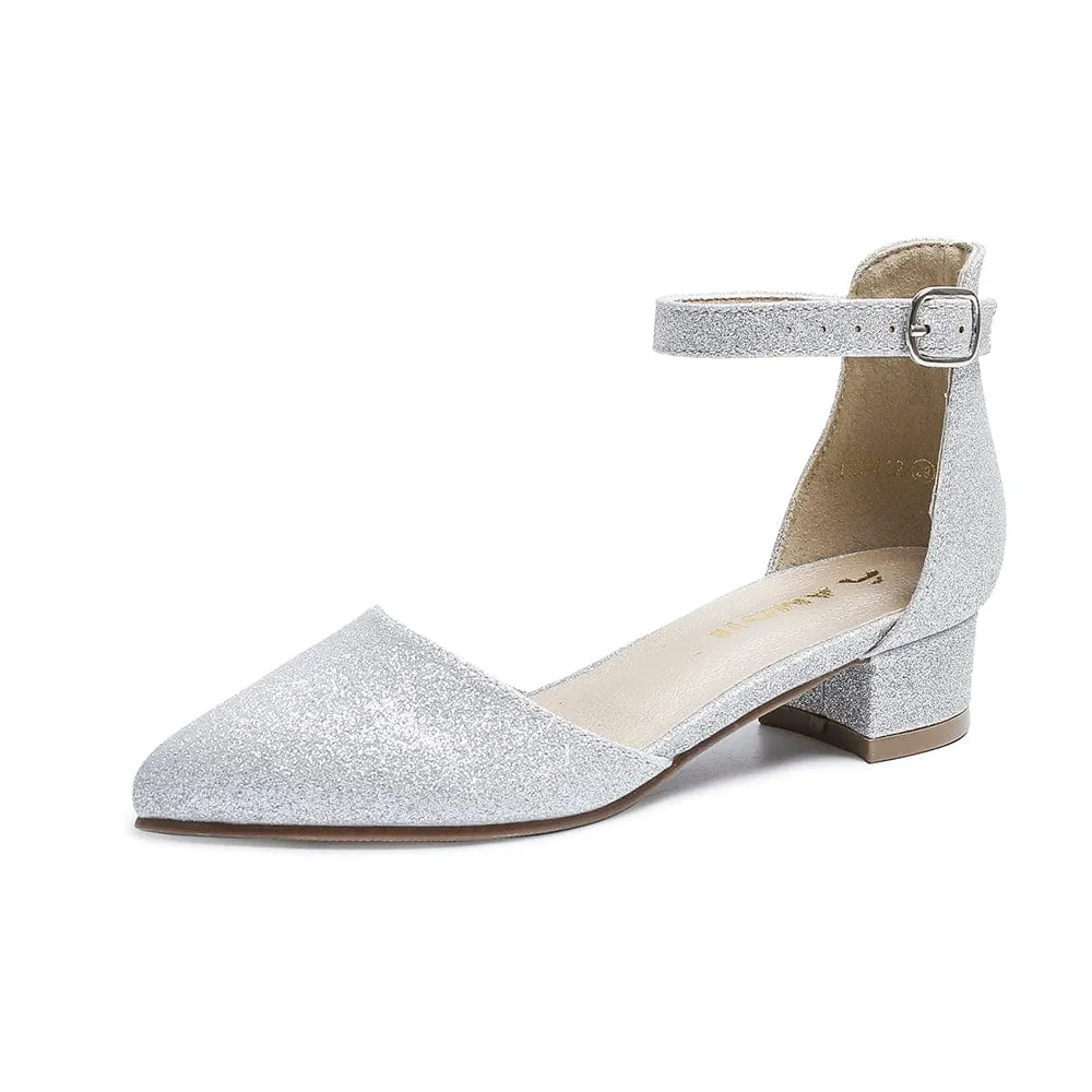 Amoji Girls Dress Shoes Closed Toe High Heels Ankle Strap Wedding Party Pump Shoes KID412