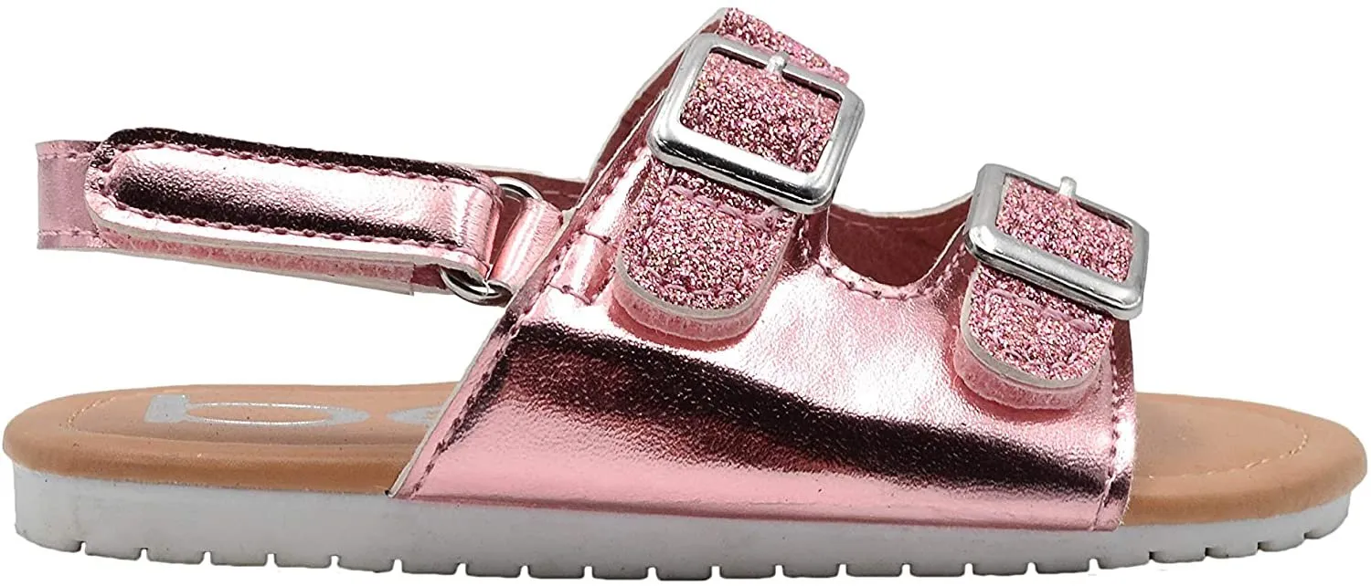 bebe Girls Toddler Baby Little Kid Shiny Metallic Slide Sandal with Sparkly Glitter Strap and Double Buckles - Fashion Summer Shoes Silver 5