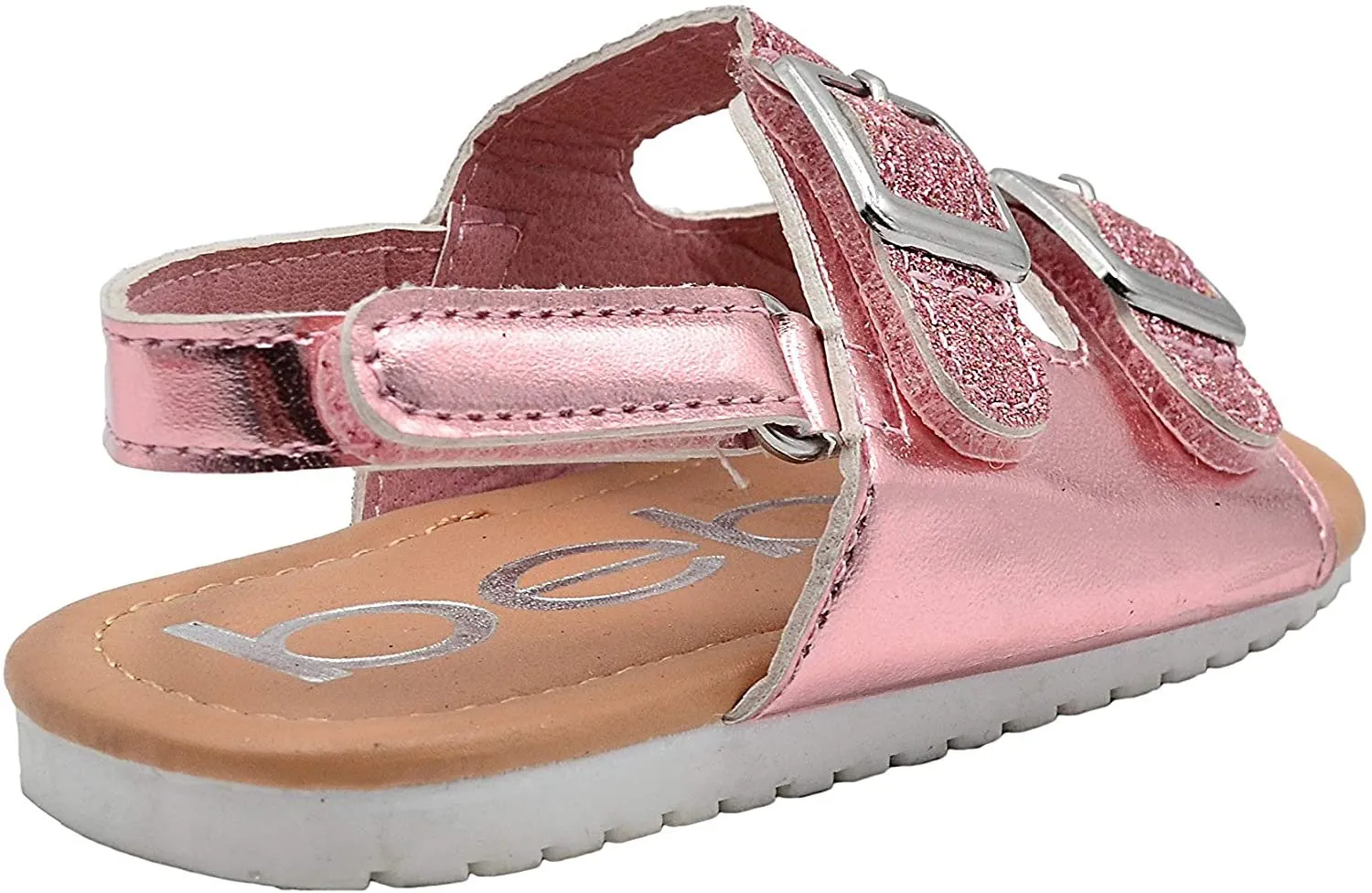 bebe Girls Toddler Baby Little Kid Shiny Metallic Slide Sandal with Sparkly Glitter Strap and Double Buckles - Fashion Summer Shoes Silver 5