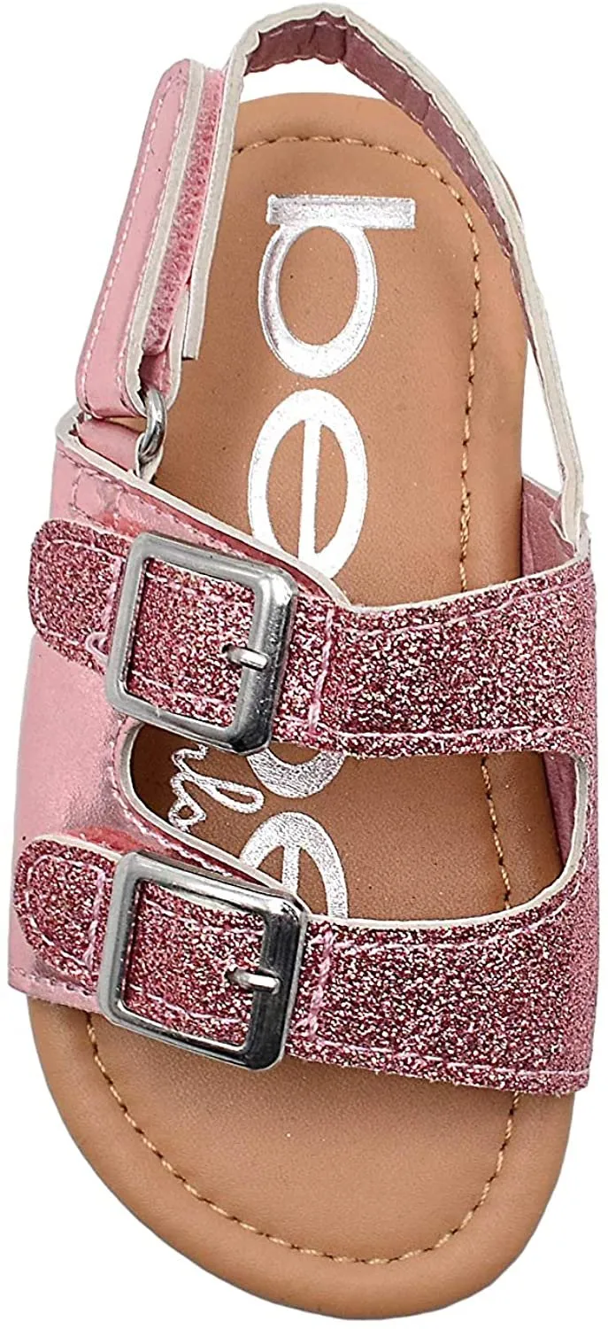 bebe Girls Toddler Baby Little Kid Shiny Metallic Slide Sandal with Sparkly Glitter Strap and Double Buckles - Fashion Summer Shoes Silver 5