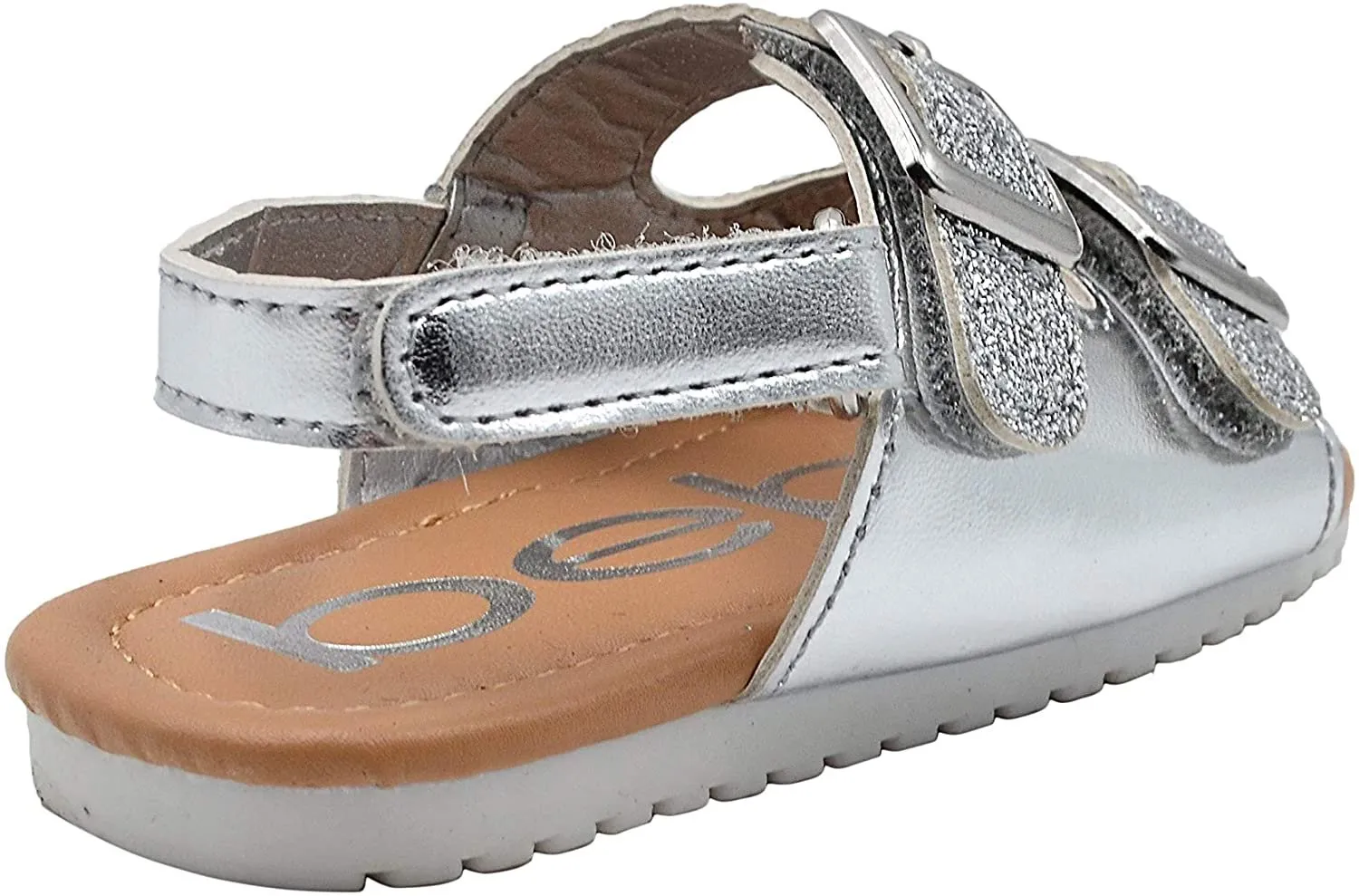 bebe Girls Toddler Baby Little Kid Shiny Metallic Slide Sandal with Sparkly Glitter Strap and Double Buckles - Fashion Summer Shoes Silver 5