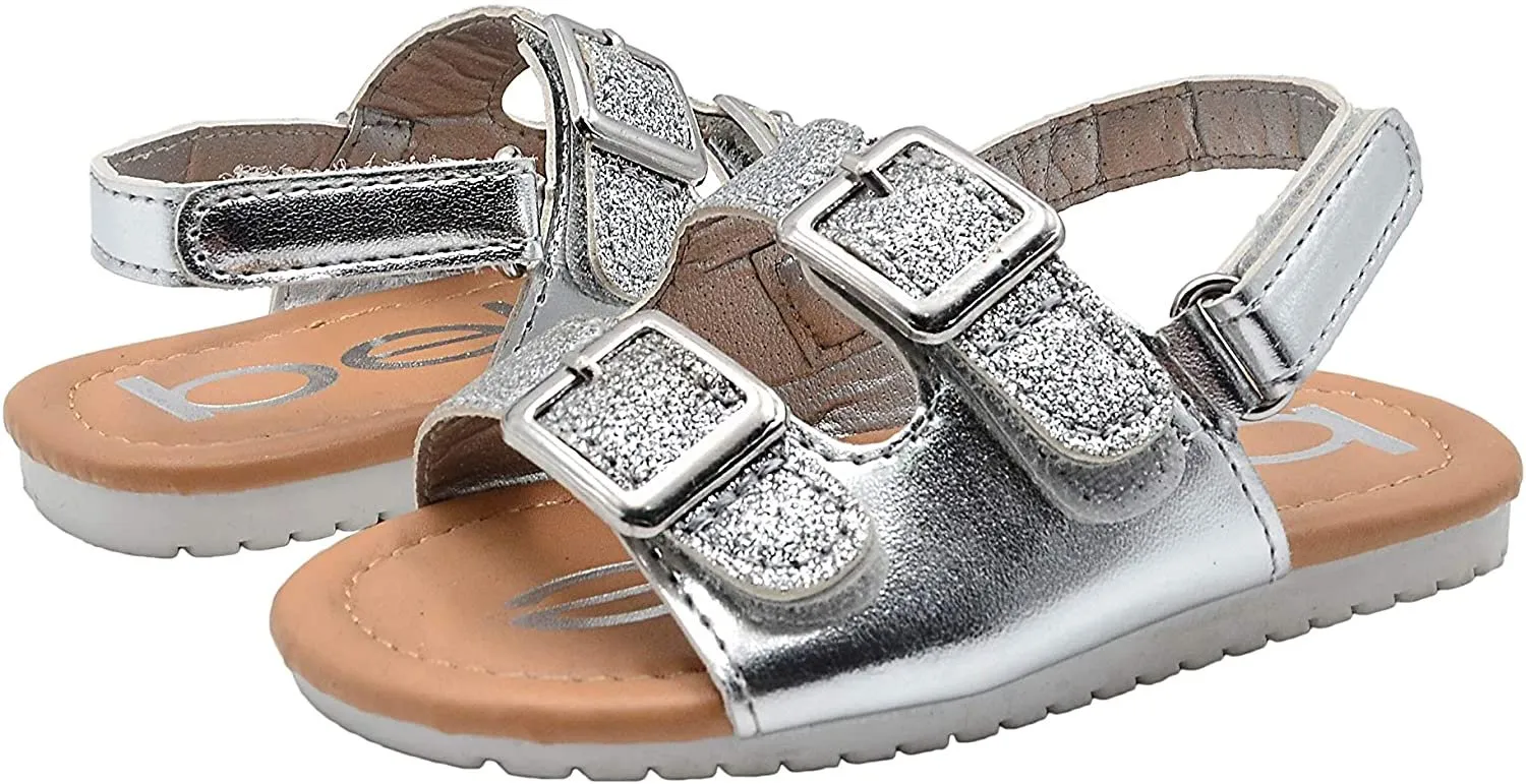 bebe Girls Toddler Baby Little Kid Shiny Metallic Slide Sandal with Sparkly Glitter Strap and Double Buckles - Fashion Summer Shoes Silver 5