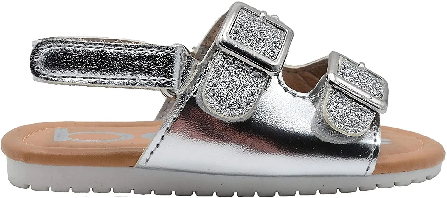 bebe Girls Toddler Baby Little Kid Shiny Metallic Slide Sandal with Sparkly Glitter Strap and Double Buckles - Fashion Summer Shoes Silver 5