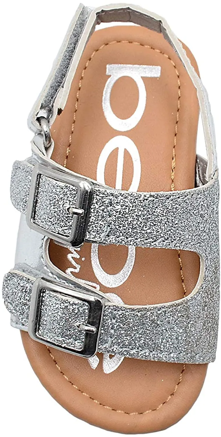 bebe Girls Toddler Baby Little Kid Shiny Metallic Slide Sandal with Sparkly Glitter Strap and Double Buckles - Fashion Summer Shoes Silver 5