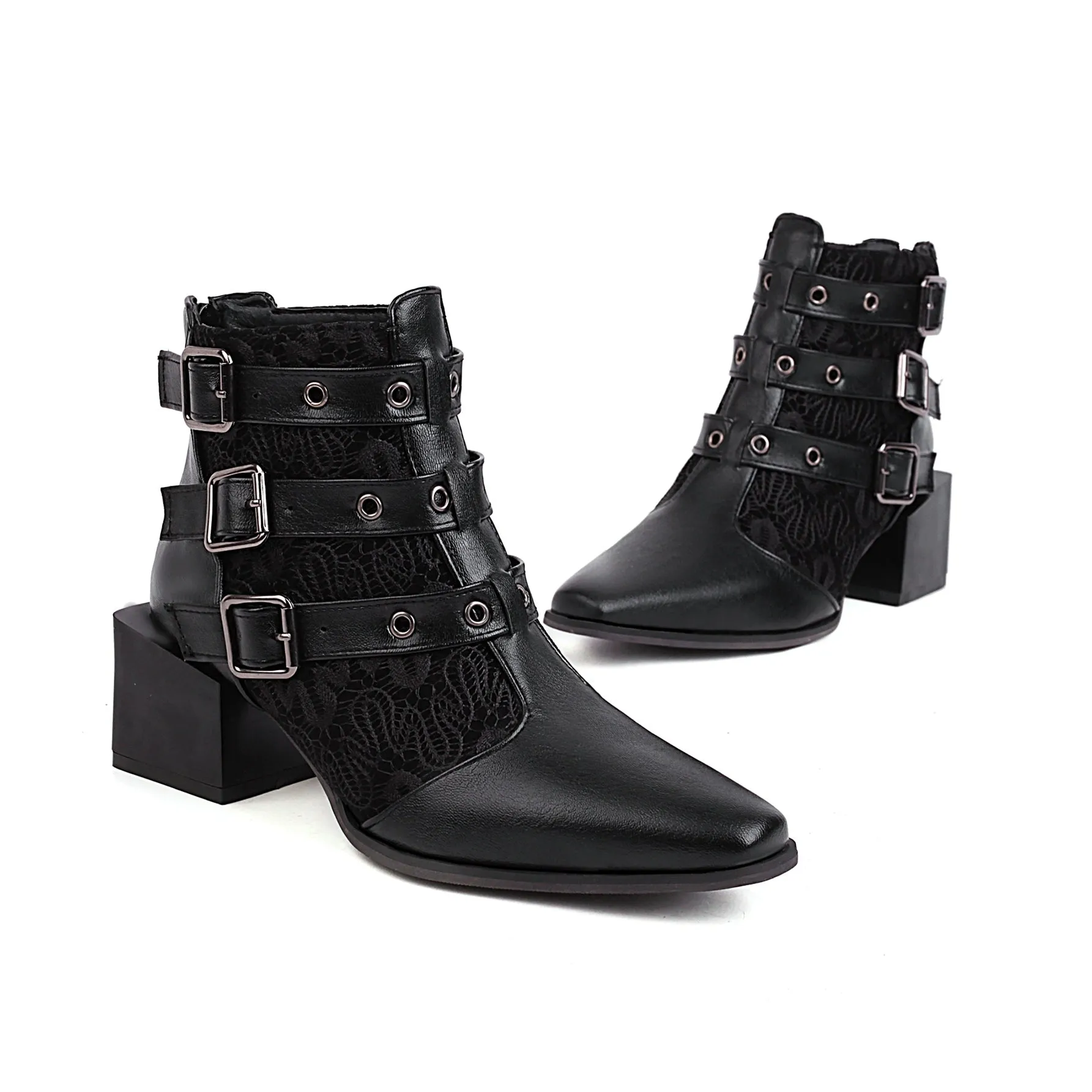Bigsizeheels Fashion pointed square heel ankle boots - Black