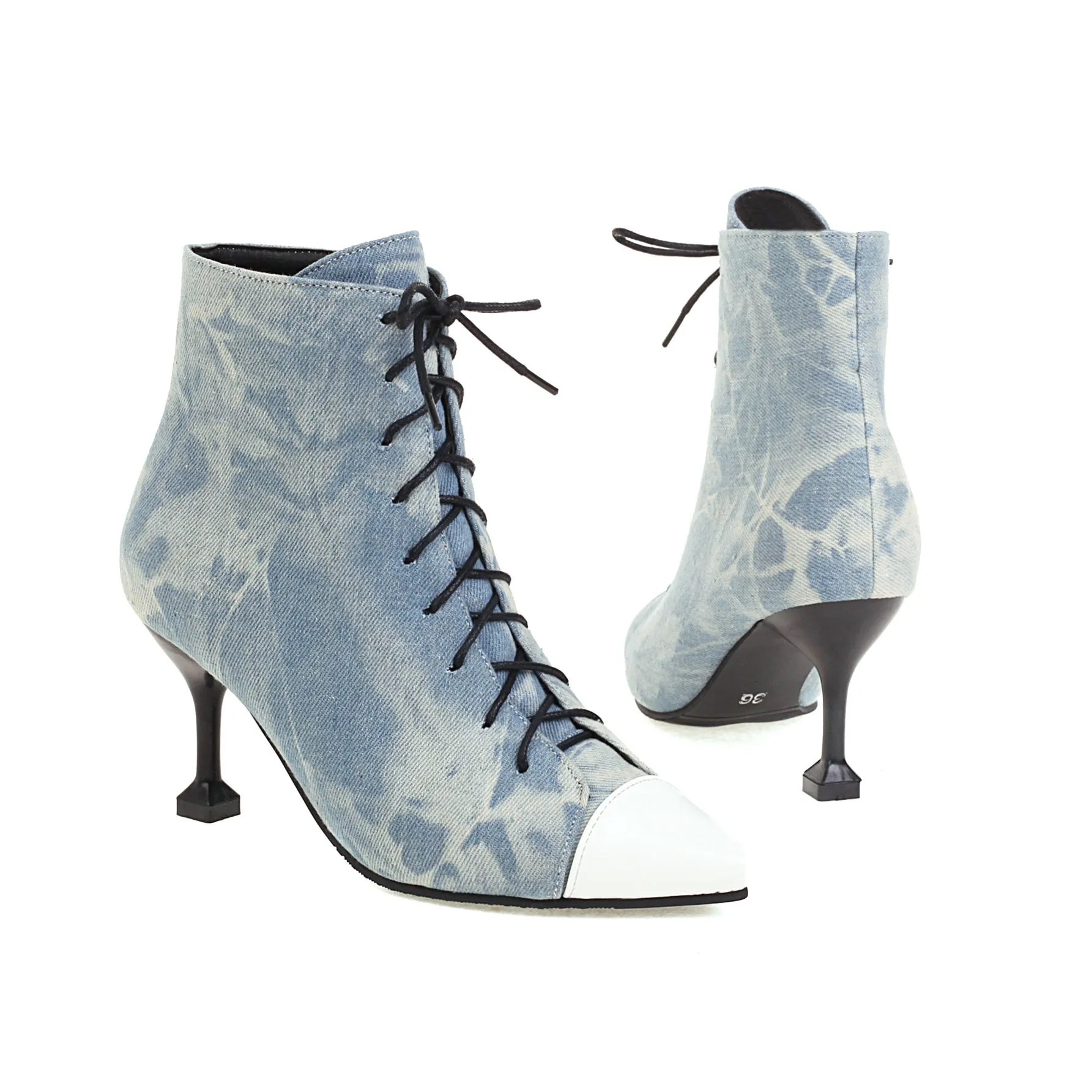 Bigsizeheels Pointed horseshoe lace-up ankle boots - Light blue