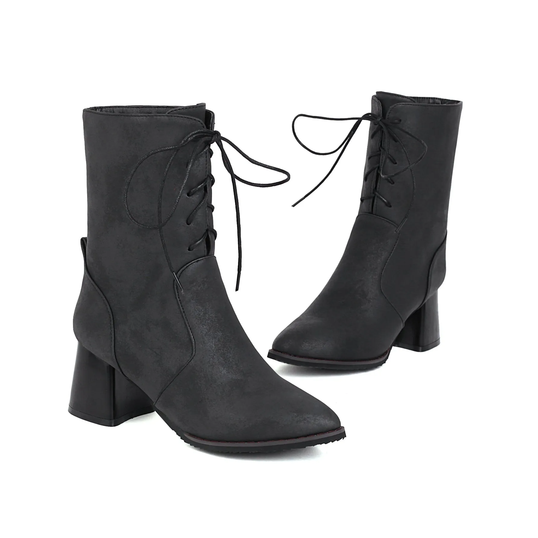 Bigsizeheels Pointed square heel lace-up ankle boots - Black