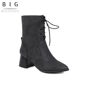 Bigsizeheels Pointed square heel lace-up ankle boots - Black