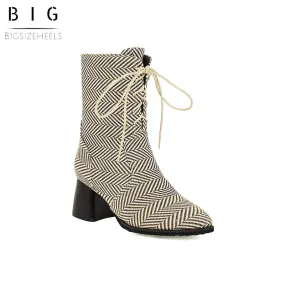 Bigsizeheels Pointed square heel lace-up ankle boots - Houndstooth