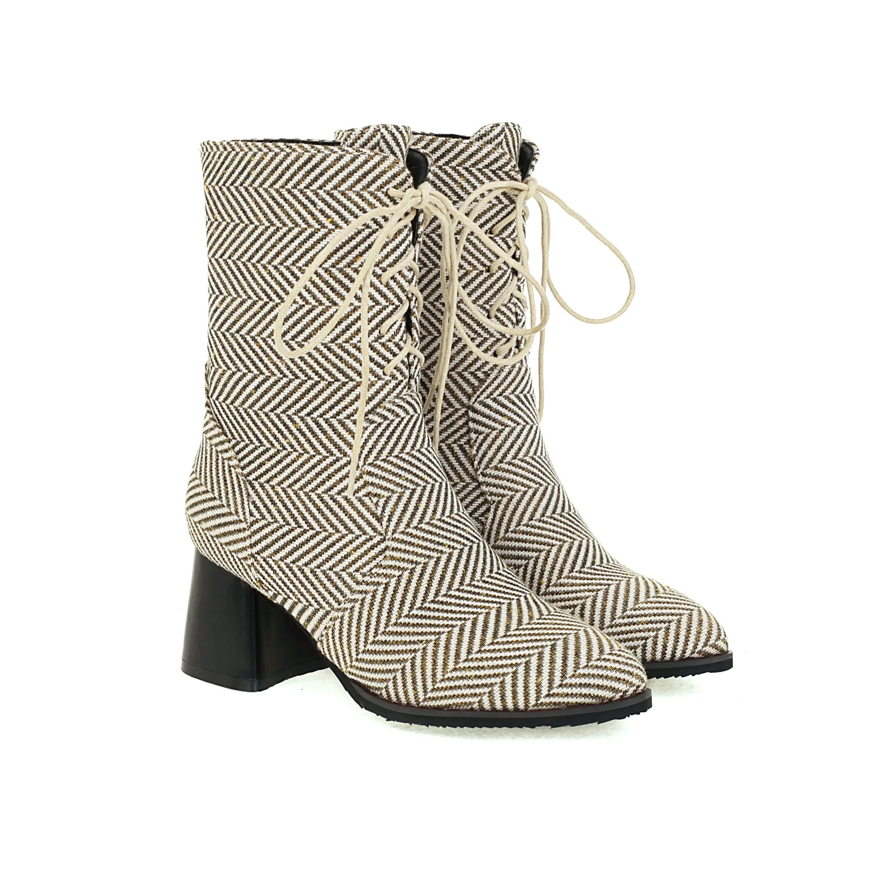 Bigsizeheels Pointed square heel lace-up ankle boots - Houndstooth