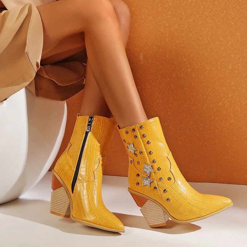 Bigsizeheels Rivet vintage zipper leather ankle boots - Yellow
