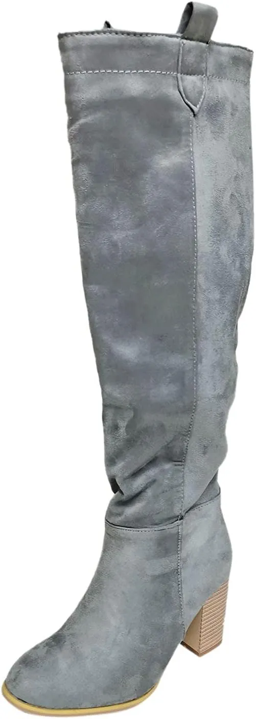 Boots For Women High Chunky Heeled Knee High Boots Pull On Pointed Suede Thigh High Boots Long Bootie