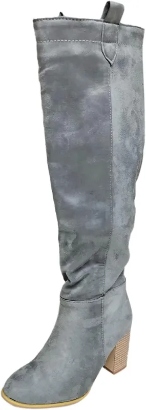 Boots For Women High Chunky Heeled Knee High Boots Pull On Pointed Suede Thigh High Boots Long Bootie
