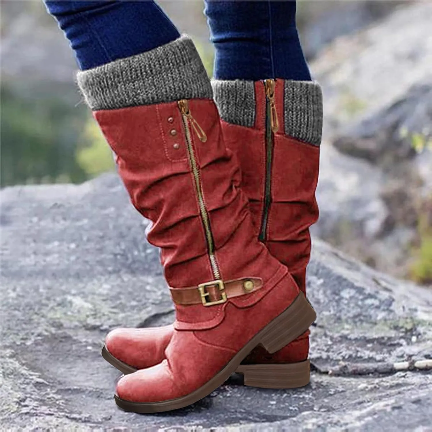 Cowboy Boots For Women Suede Zipper Thigh High Boots Low Heels Knee High Boots Over Knee Tall Long Bootie