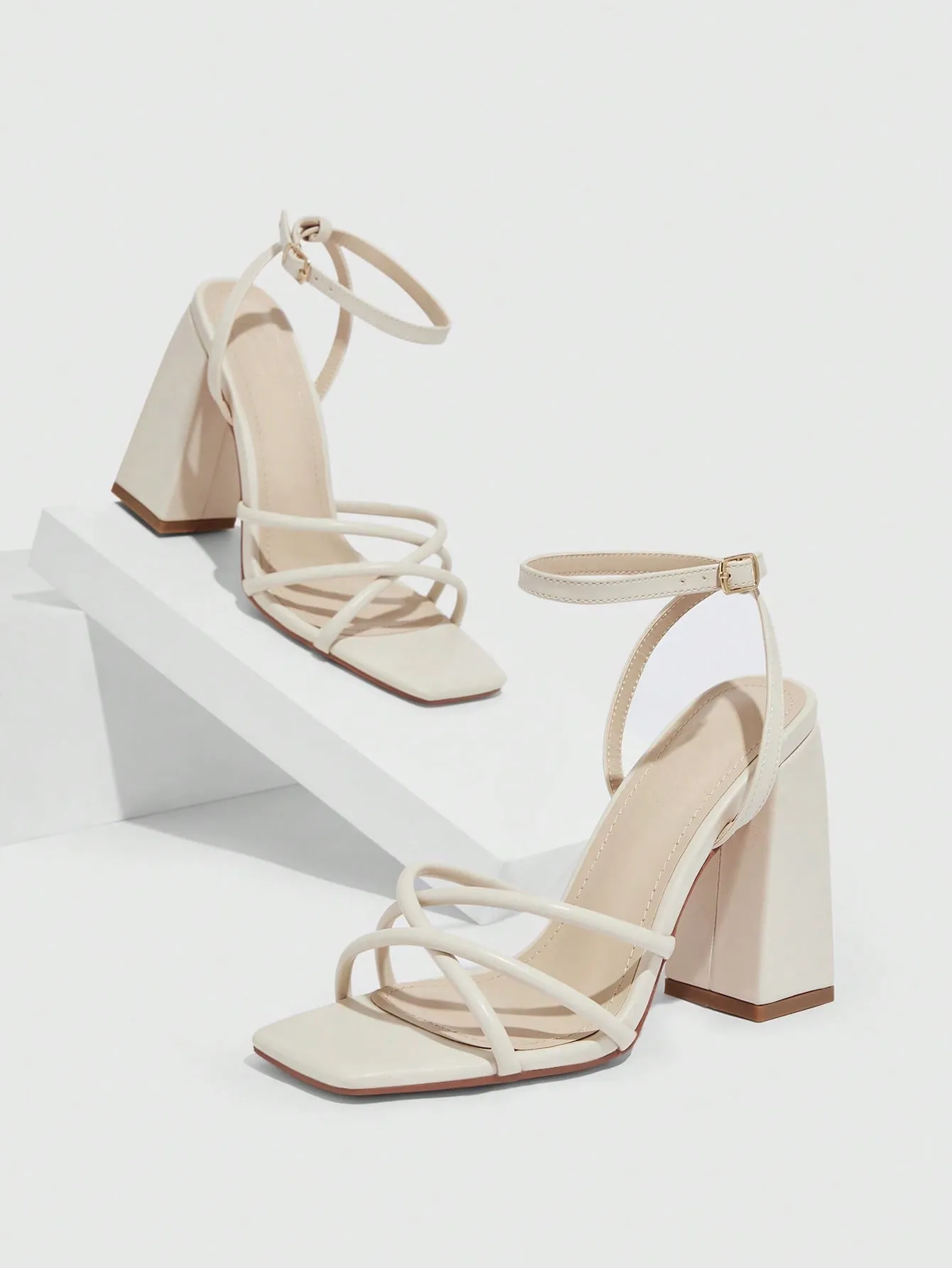 CUCCOO BIZCHIC Elegant Beige Ankle Strap Sandals ForWoman Shoes, Cross Strap Chunky Heeled Sandals For Summer Graduation Heels Prom Heels Vacation Shoes Summer Sale