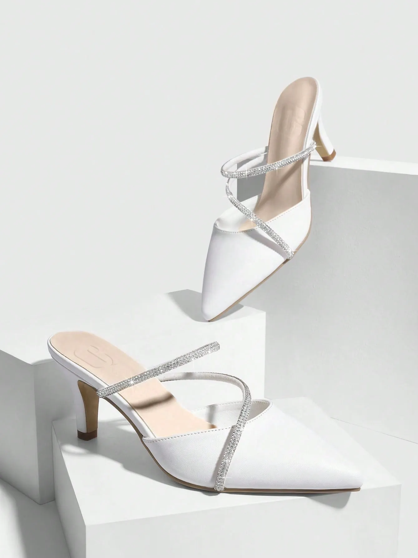 CUCCOO CHICEST Woman Shoes Shoes Fashionable White Rhinestone Mules Comfortable High Heel Pumps For Summer Graduation Heels Prom Heels Vacation Shoes Summer Sale
