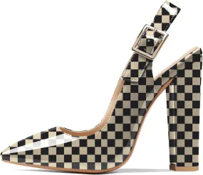 Eldof Women's Slingback Pointed Toe Pumps Ankle Strap Chunky High Heels 4.7" High Block Heel Pumps Dress Shoes