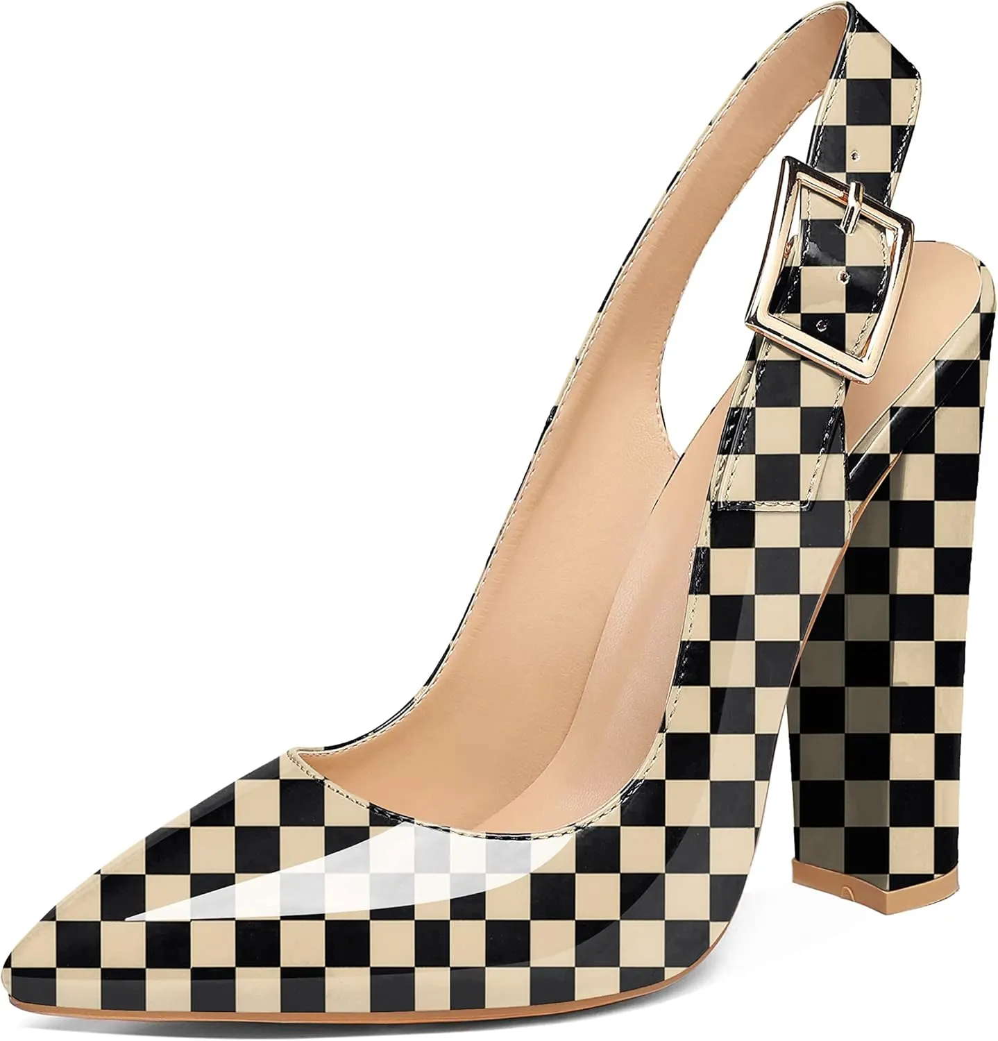 Eldof Women's Slingback Pointed Toe Pumps Ankle Strap Chunky High Heels 4.7" High Block Heel Pumps Dress Shoes