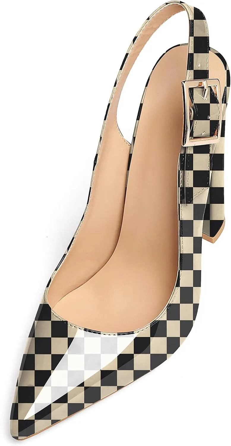 Eldof Women's Slingback Pointed Toe Pumps Ankle Strap Chunky High Heels 4.7" High Block Heel Pumps Dress Shoes