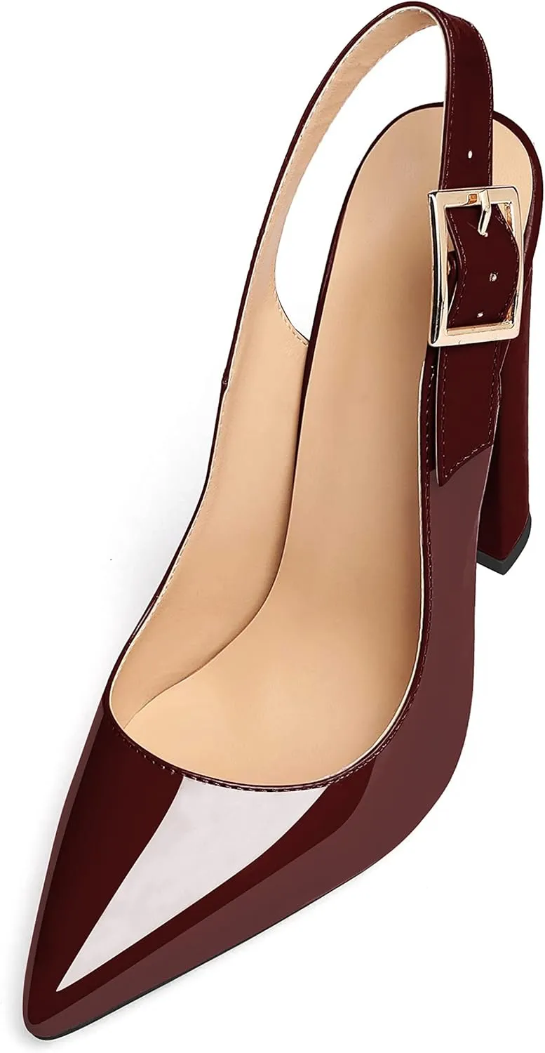Eldof Women's Slingback Pointed Toe Pumps Ankle Strap Chunky High Heels 4.7" High Block Heel Pumps Dress Shoes