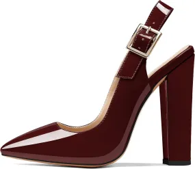 Eldof Women's Slingback Pointed Toe Pumps Ankle Strap Chunky High Heels 4.7" High Block Heel Pumps Dress Shoes