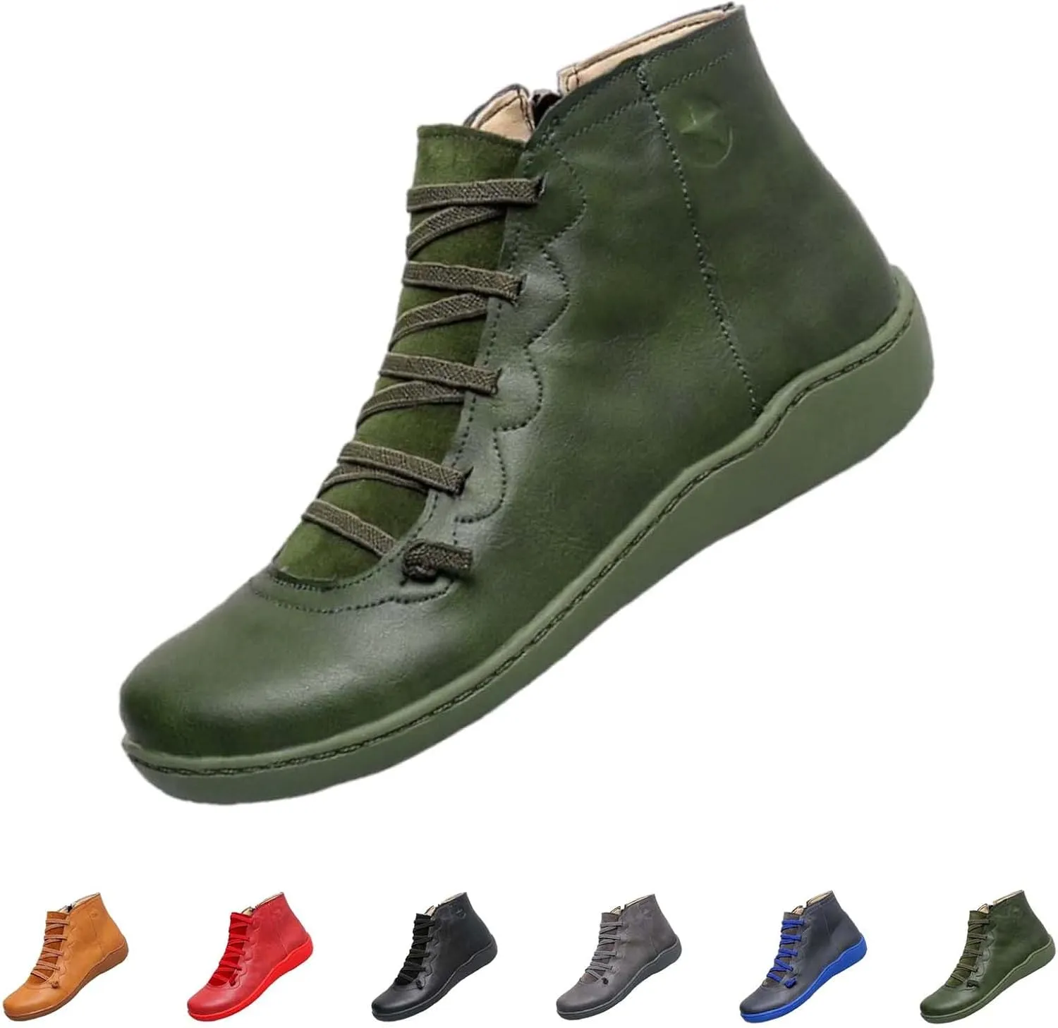 Fall Ankle Boots for Women No Heel 2024, New Arch Support Boots Fashion Lace Up Side Zipper Retro Ankle Booties, Comfortable Slip On Flat Low Heel Boots