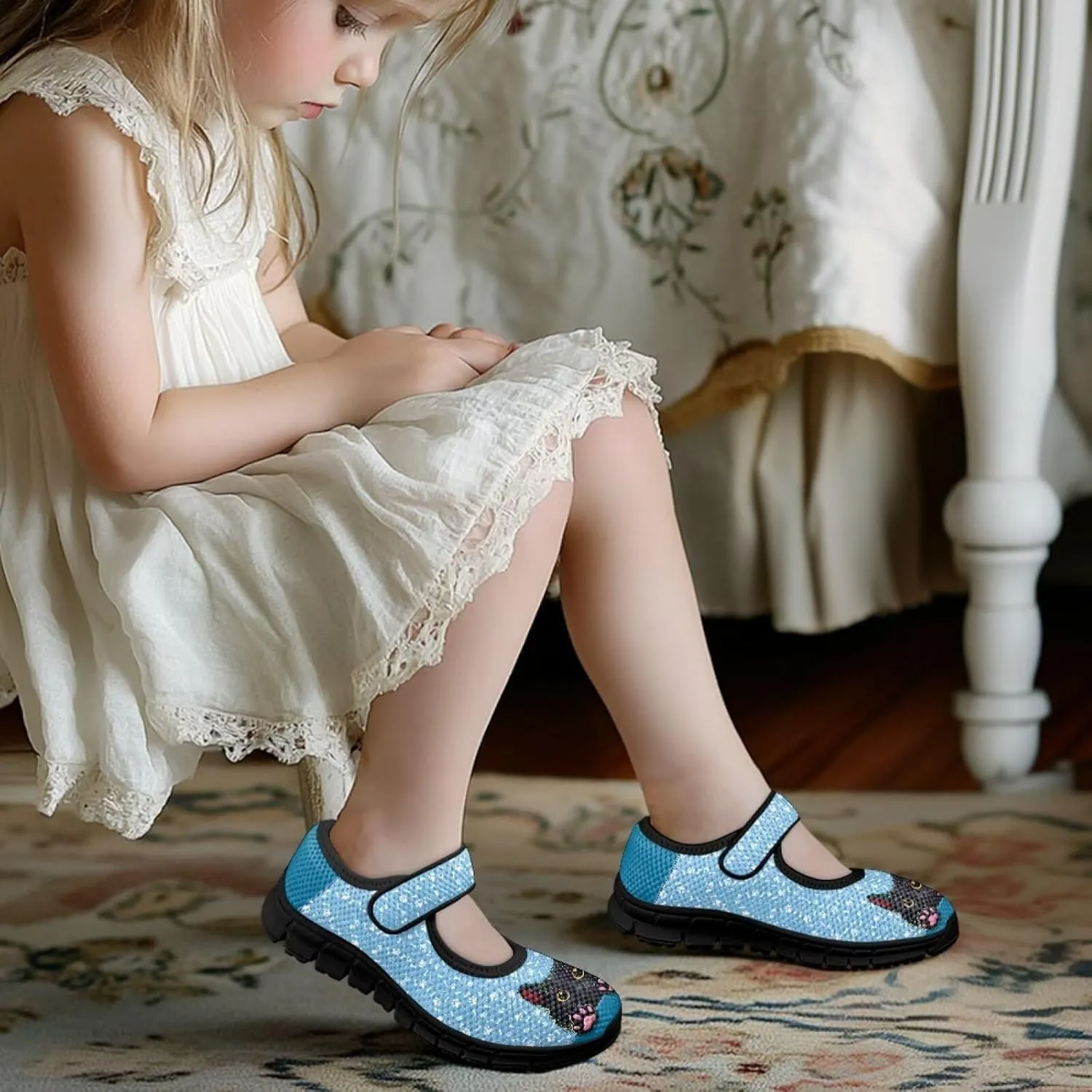 Girl's Animal Pattern Running Shoes Mesh Children's Mary Jane Shoes Slip On Sports Shoes Magic Sticker Casual Shoes