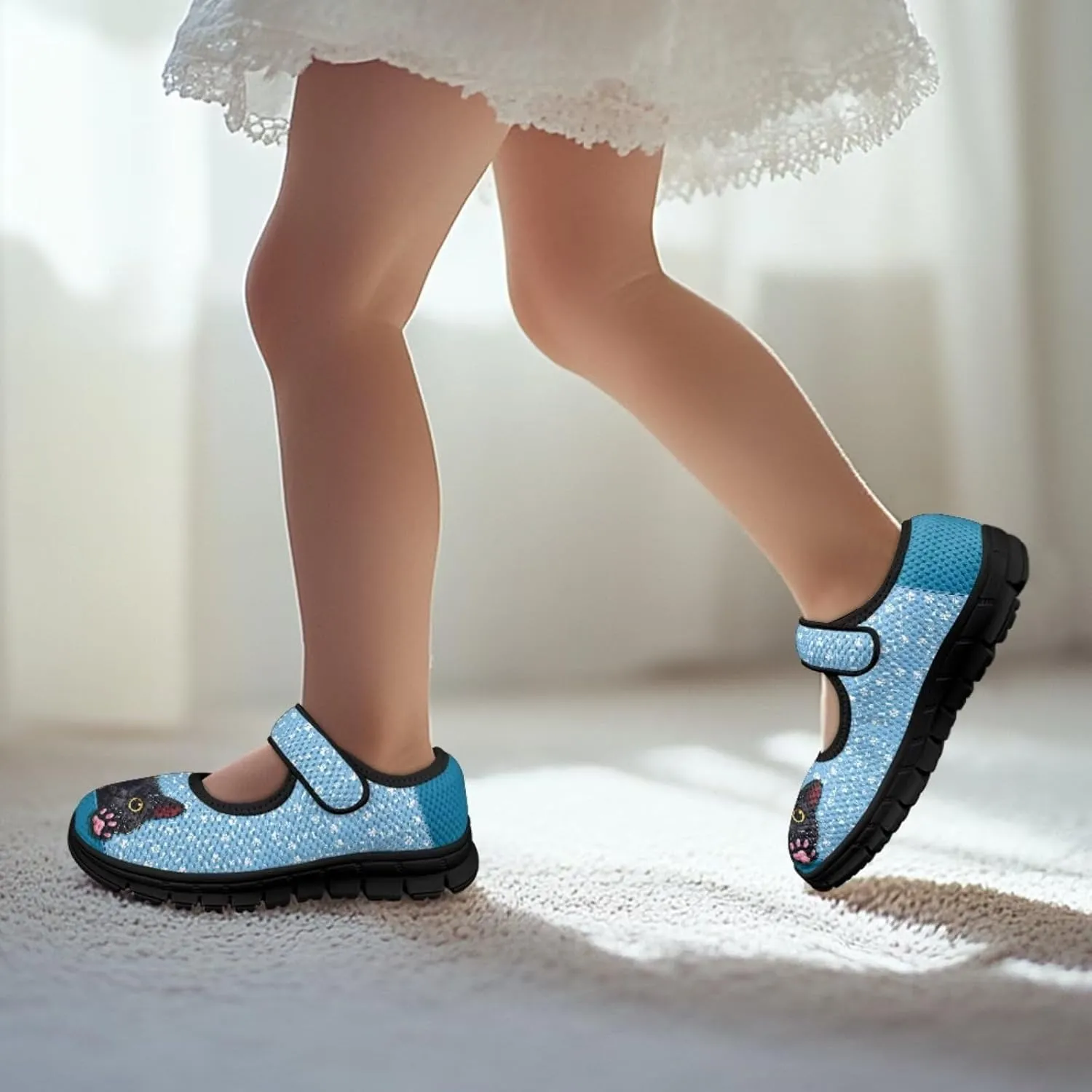 Girl's Animal Pattern Running Shoes Mesh Children's Mary Jane Shoes Slip On Sports Shoes Magic Sticker Casual Shoes