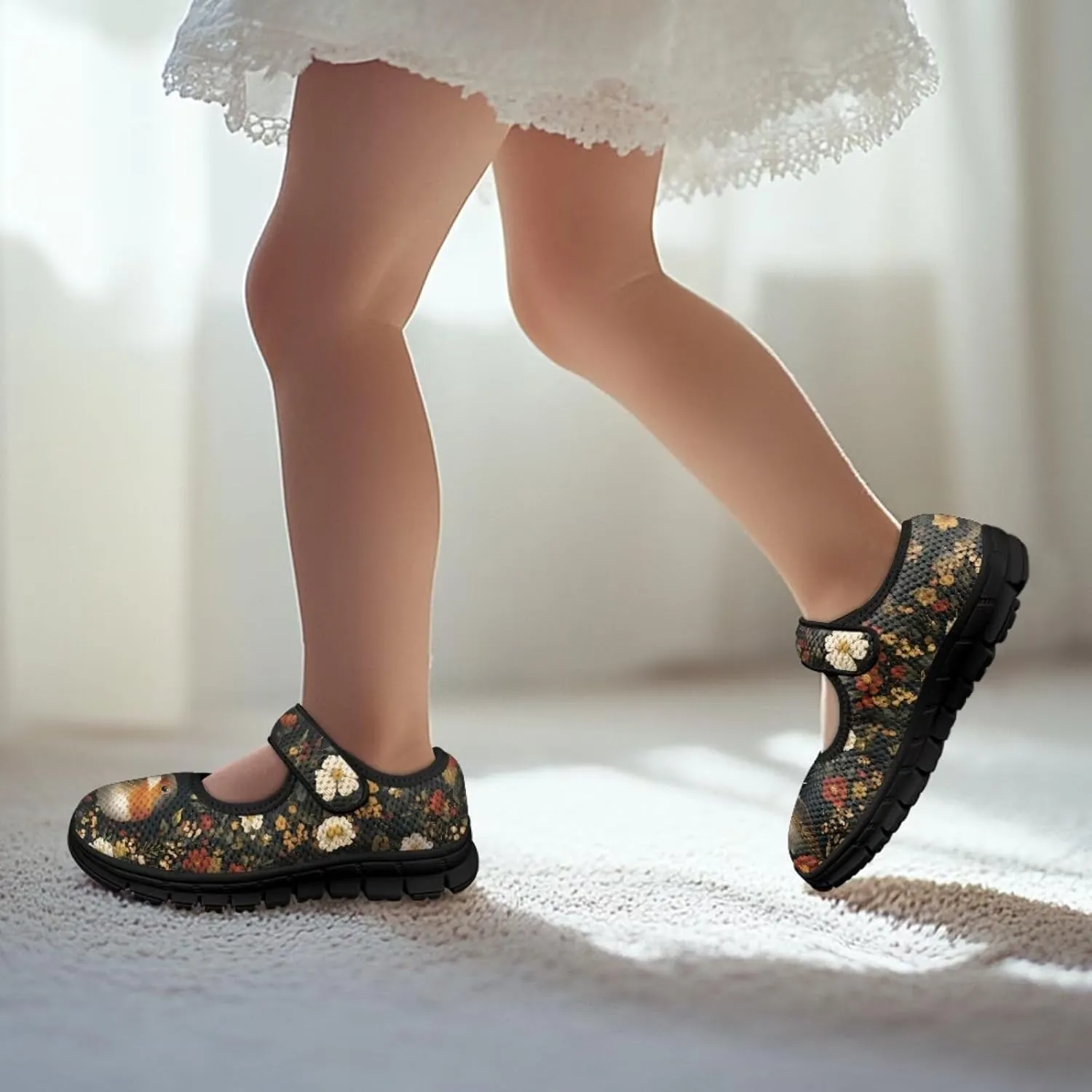 Girl's Animal Pattern Running Shoes Mesh Children's Mary Jane Shoes Slip On Sports Shoes Magic Sticker Casual Shoes