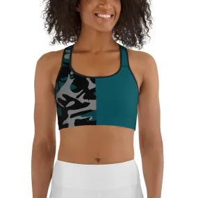 Gray, Teal and Black Camouflage Sports bra