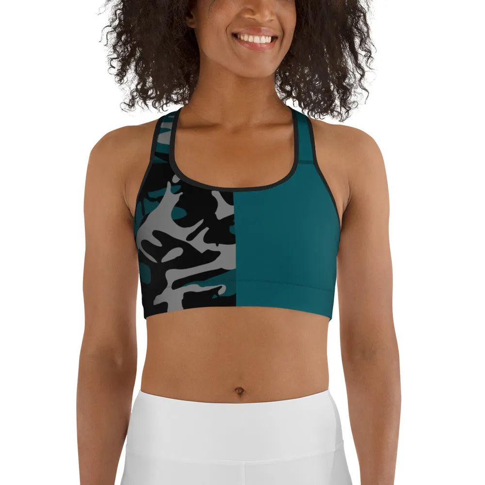 Gray, Teal and Black Camouflage Sports bra