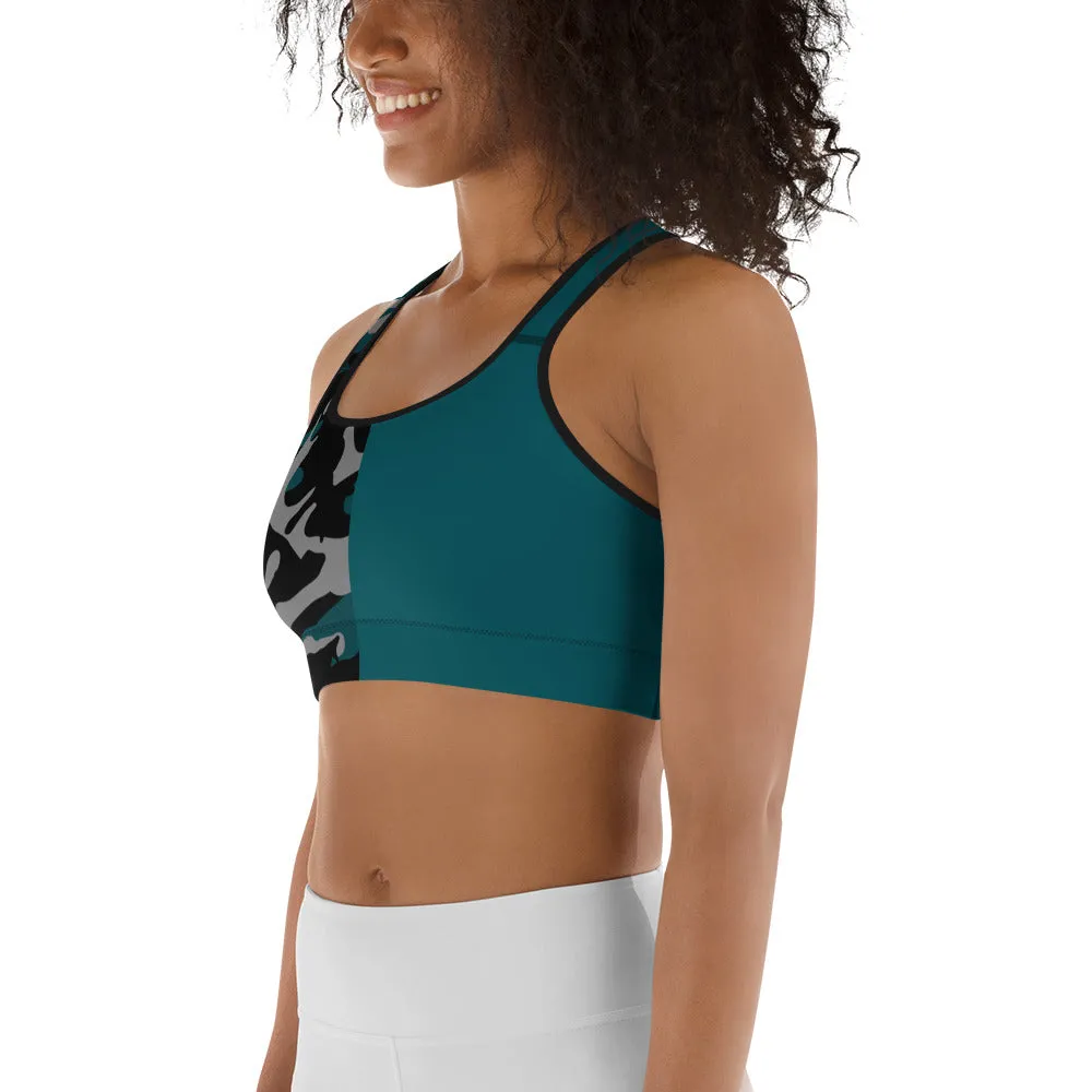 Gray, Teal and Black Camouflage Sports bra