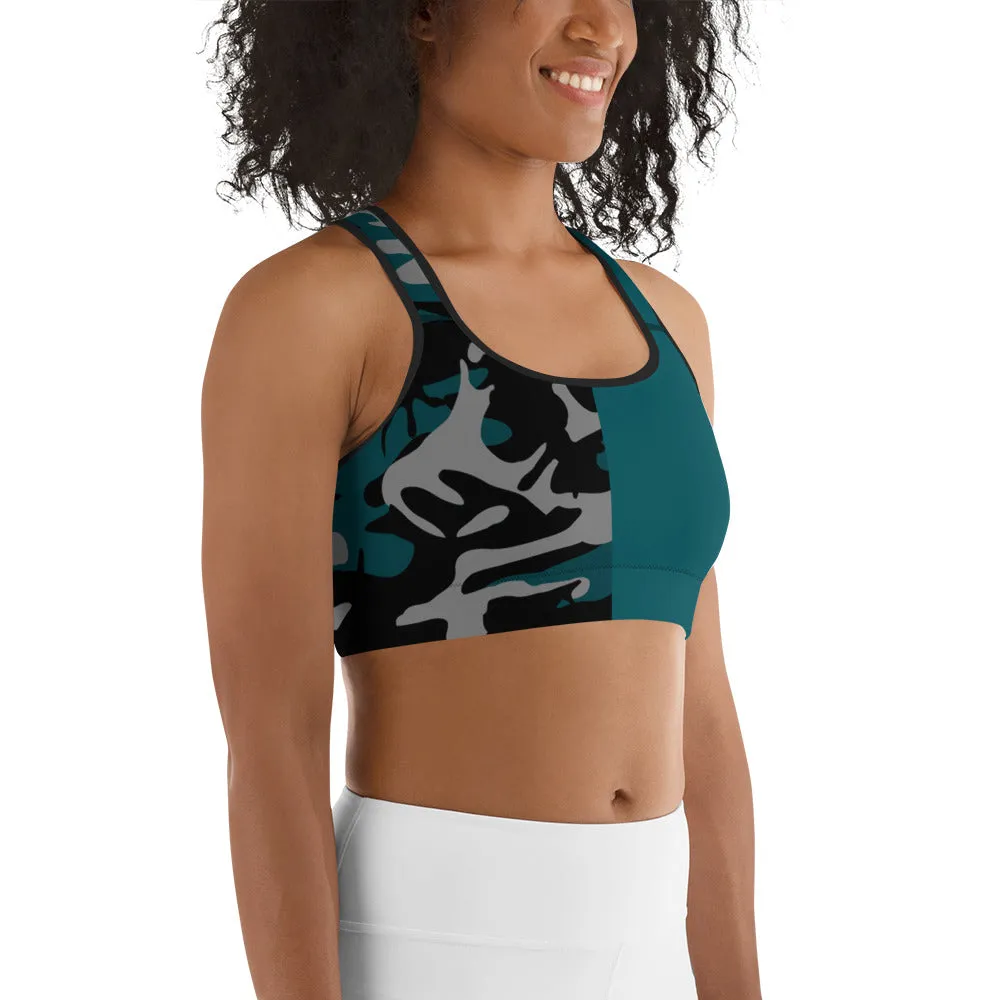 Gray, Teal and Black Camouflage Sports bra