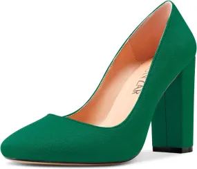 HEUIVZAR Women Pumps Pointed Toe Block Chunky High Heel Slip-on Dress Shoes Suede 4 Inch