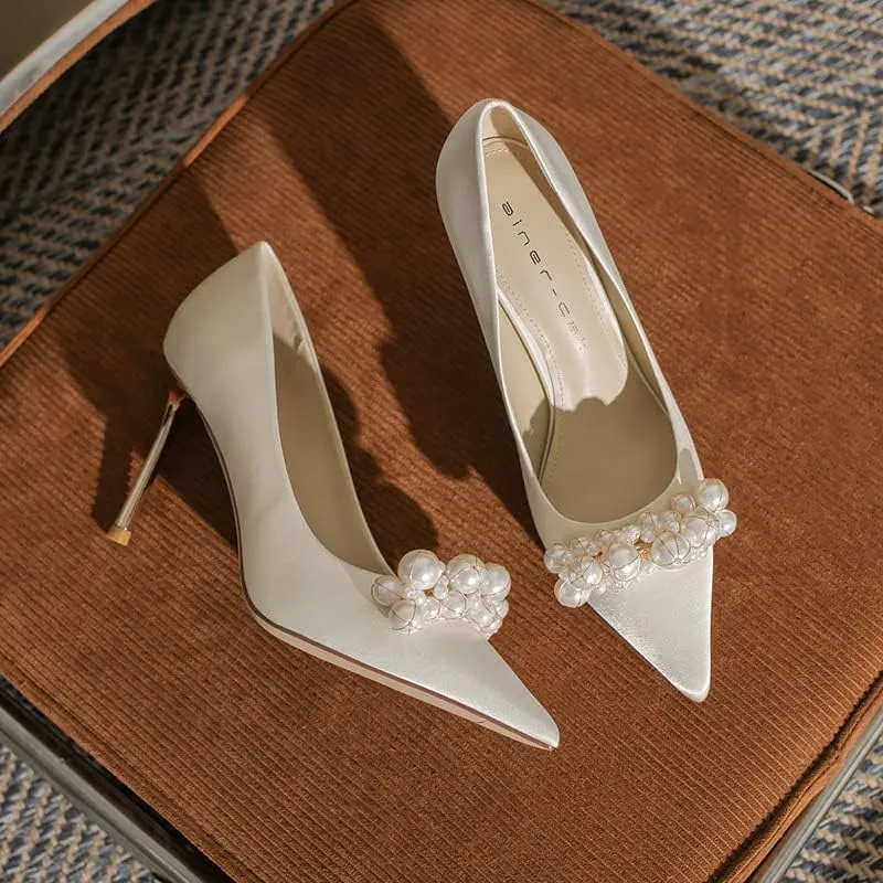 High Heels Women's Pearl Pumps Satin High Heels Stilettos Bridal Evening Dresses Women's Wedding Shoes (Apricot 39)