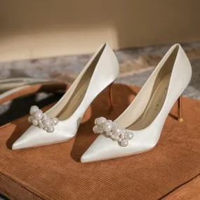 High Heels Women's Pearl Pumps Satin High Heels Stilettos Bridal Evening Dresses Women's Wedding Shoes (Apricot 39)