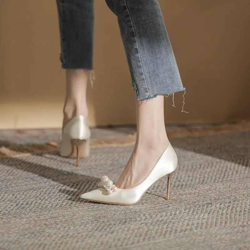 High Heels Women's Pearl Pumps Satin High Heels Stilettos Bridal Evening Dresses Women's Wedding Shoes (Apricot 39)