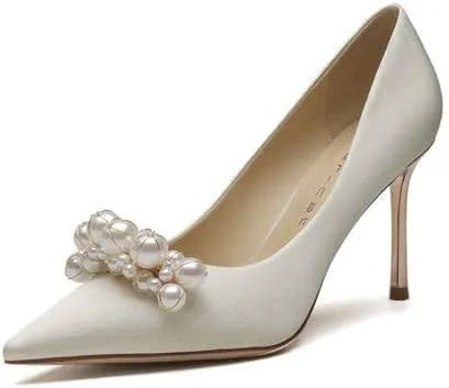 High Heels Women's Pearl Pumps Satin High Heels Stilettos Bridal Evening Dresses Women's Wedding Shoes (Apricot 39)