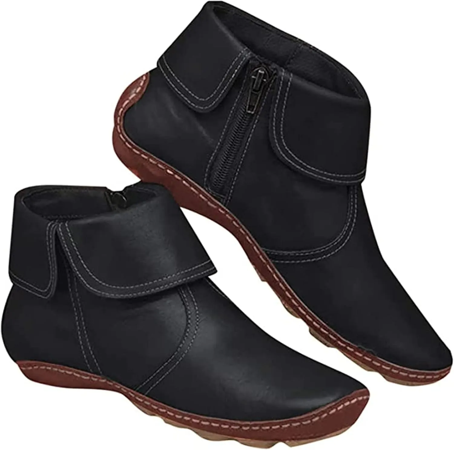 Ladmiple Ankle Boots For Women No Heel Casual Cowgirl Cowboy Western Side Zipper Short Booties High Top Walking Shoes