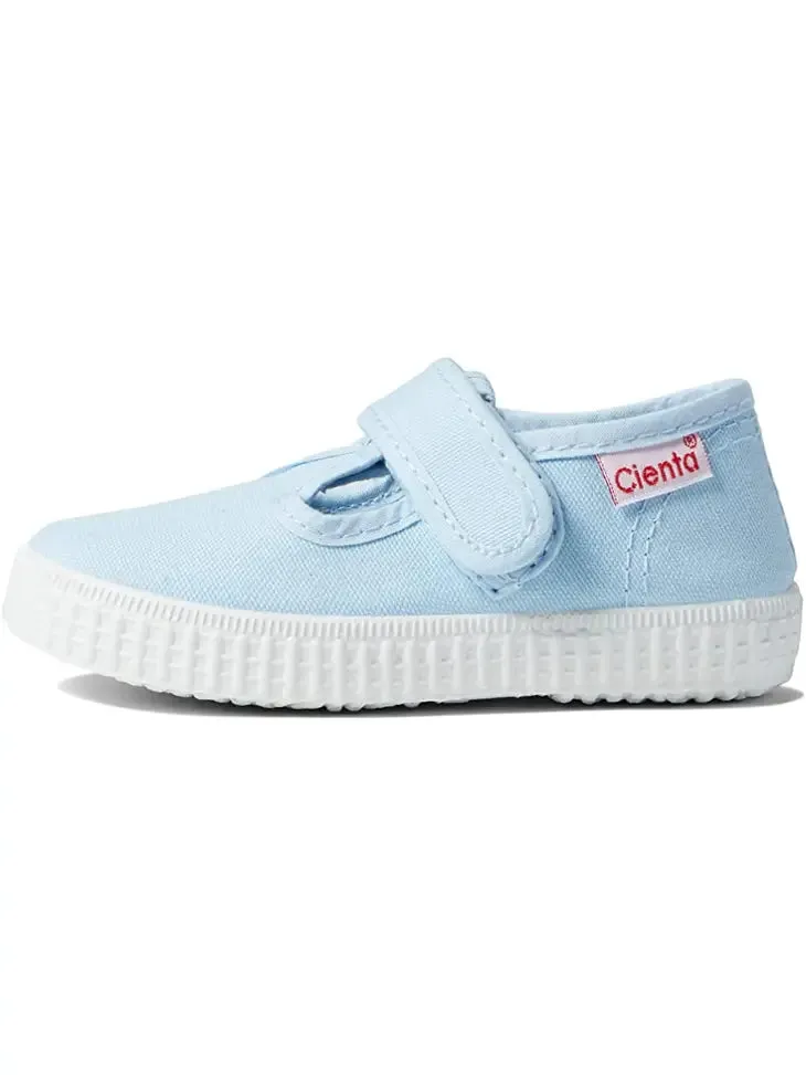 Light blue canvas velcro t-strap shoe