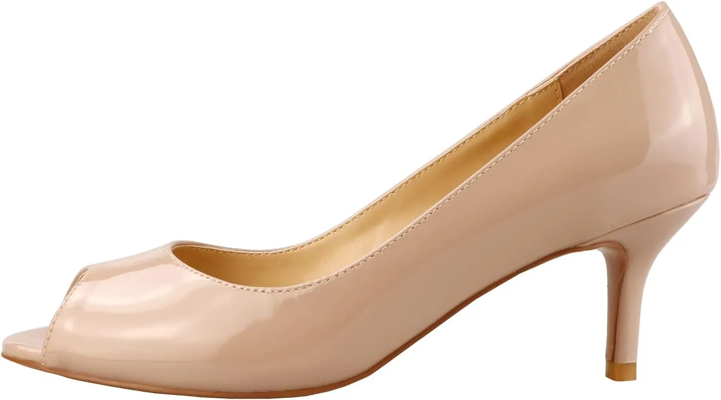 Lutalica W Women's Classic Open Toe Low Kitten Heel Sandals Slip On Medium Heel Peep Toe Dress Pumps
