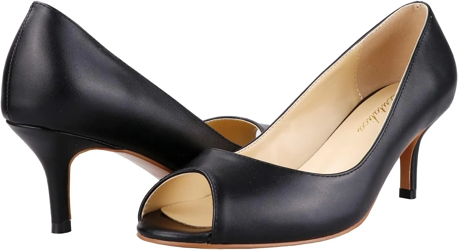 Lutalica W Women's Classic Open Toe Low Kitten Heel Sandals Slip On Medium Heel Peep Toe Dress Pumps