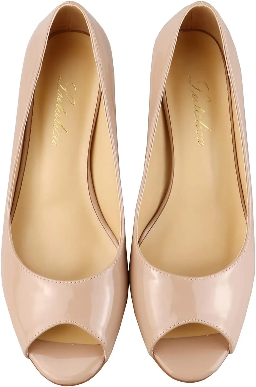 Lutalica W Women's Classic Open Toe Low Kitten Heel Sandals Slip On Medium Heel Peep Toe Dress Pumps