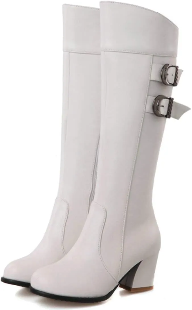 MAVMAX Women's Round Toe Knee High Riding Boots Chunky Heels Long Boots