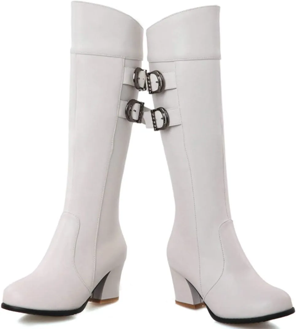 MAVMAX Women's Round Toe Knee High Riding Boots Chunky Heels Long Boots