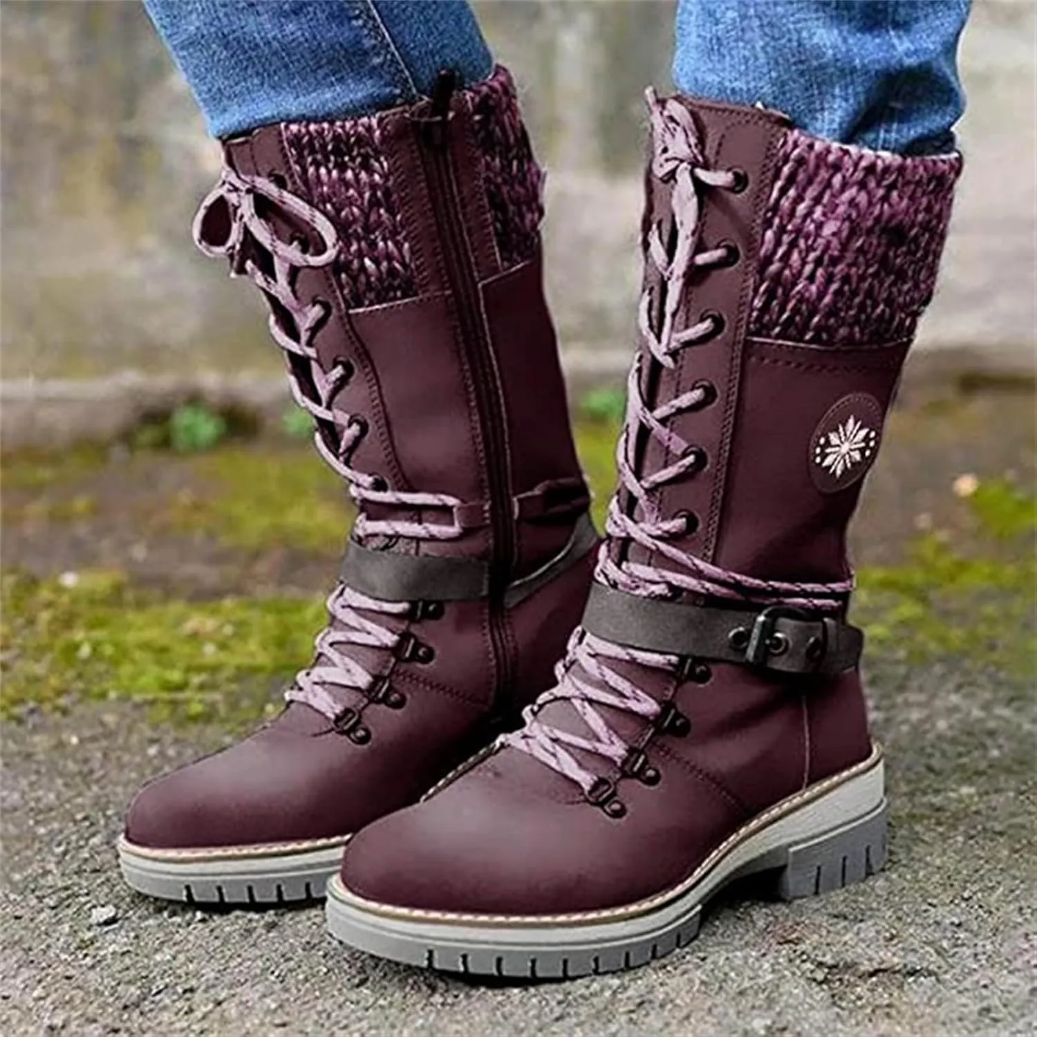 Motorcycle Boots Women Riding Mid Calf Low Heel Round-Toe Side Zip Punk Combat Boots Military Biker Ankle Booties